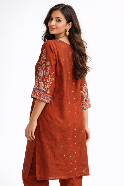 Terracotta Rust Embroidered Visco Silk Kurta Set
