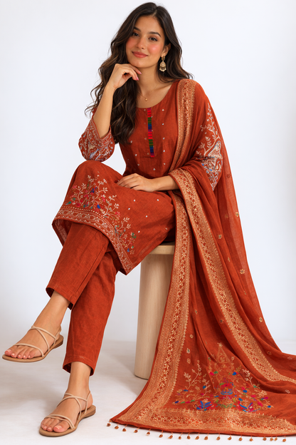 Terracotta Rust Embroidered Visco Silk Kurta Set