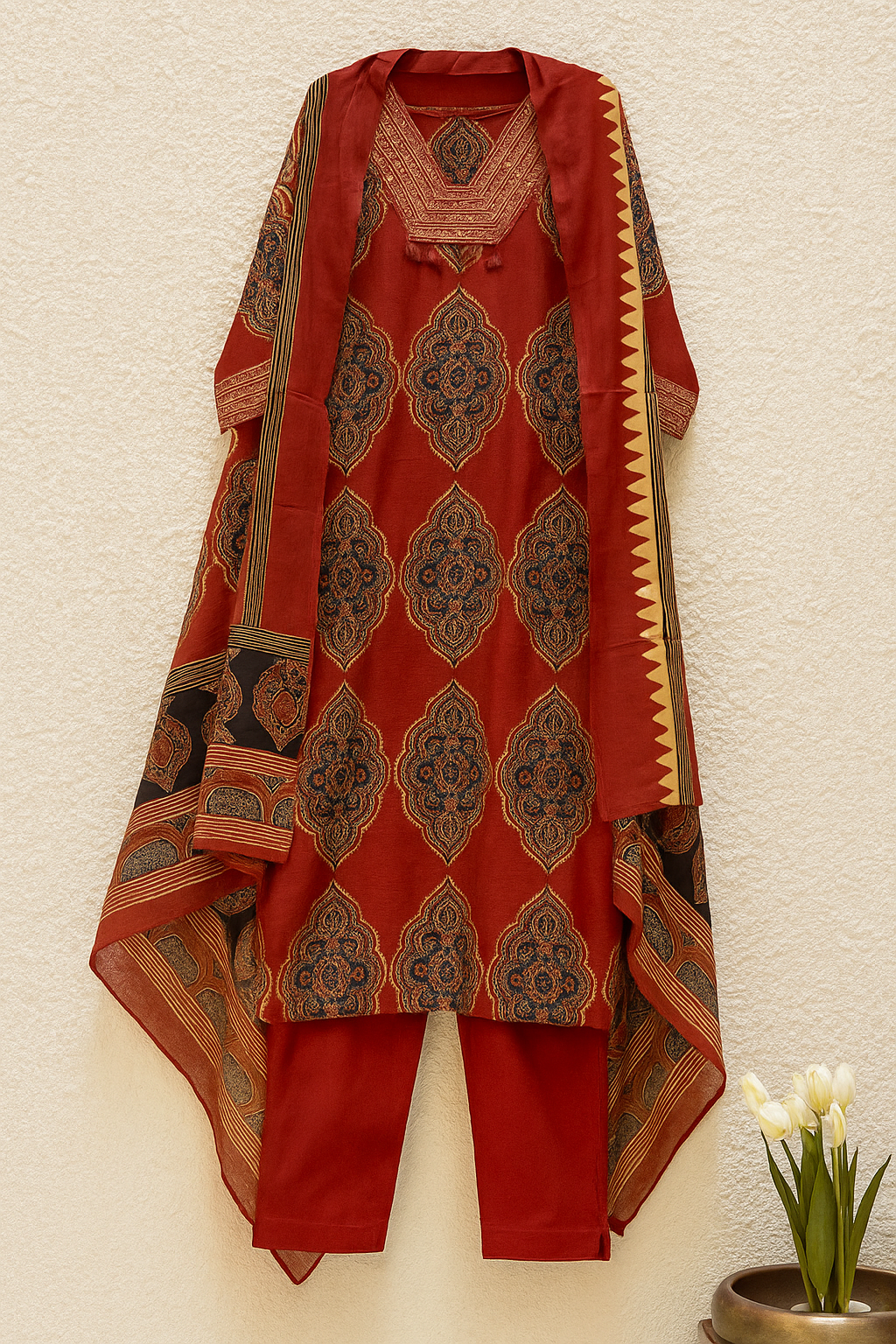 Crimson Royale Handloom Mustard  Red Cotton Suit Set