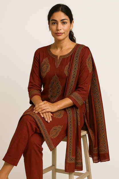 Crimson Royale Handloom Mustard  Red Cotton Suit Set