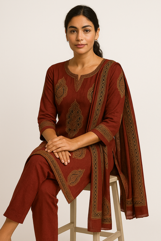 Crimson Royale Handloom Mustard  Red Cotton Suit Set
