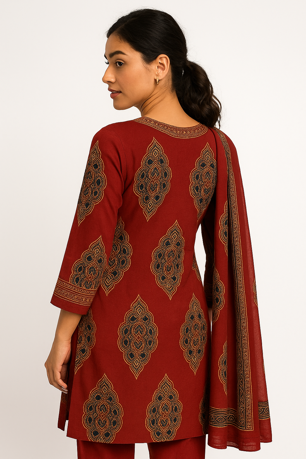 Crimson Royale Handloom Mustard  Red Cotton Suit Set