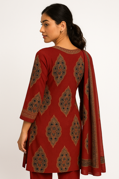 Crimson Royale Handloom Mustard  Red Cotton Suit Set