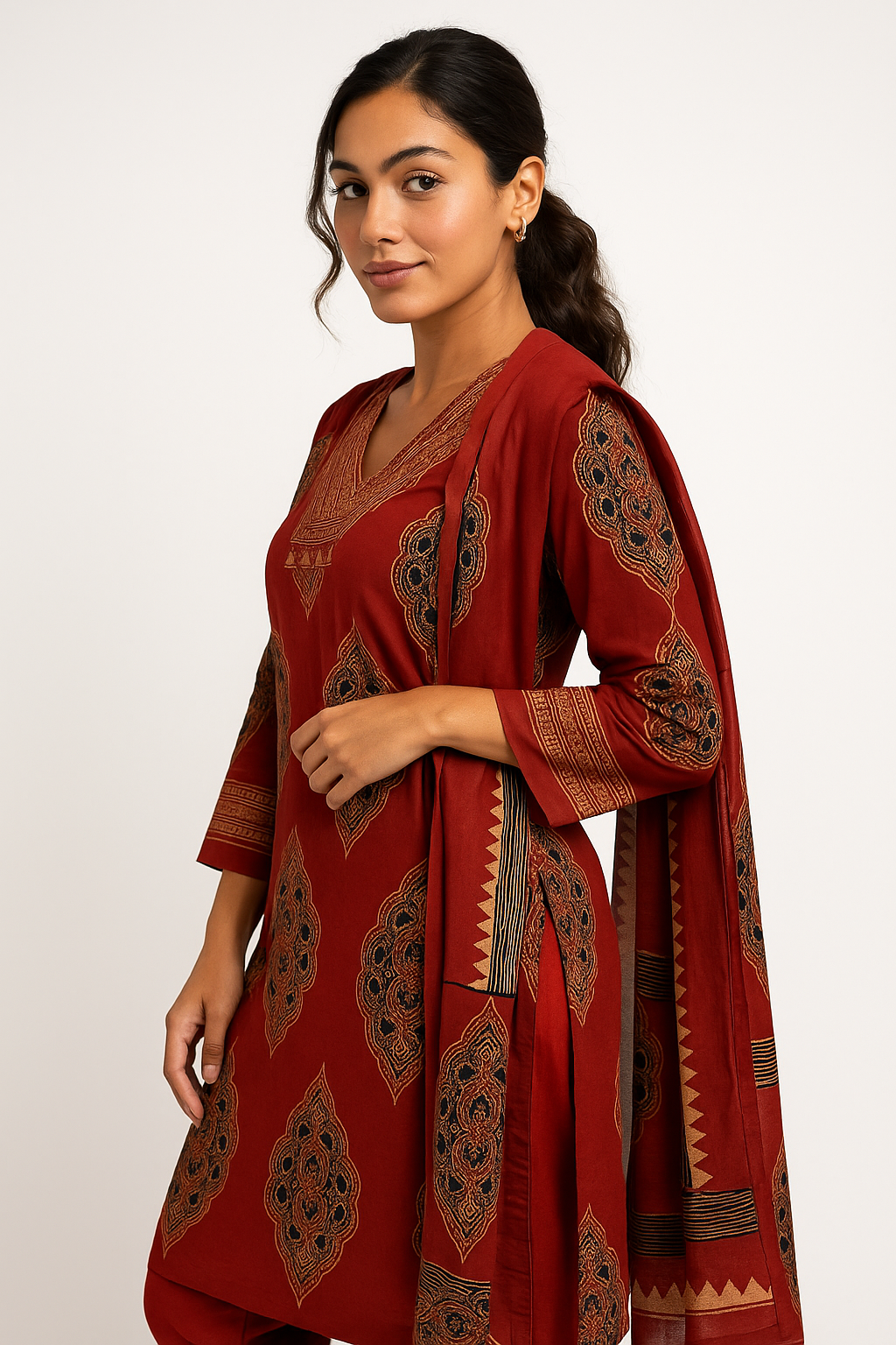 Crimson Royale Handloom Mustard  Red Cotton Suit Set