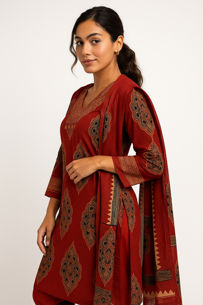 Crimson Royale Handloom Mustard  Red Cotton Suit Set