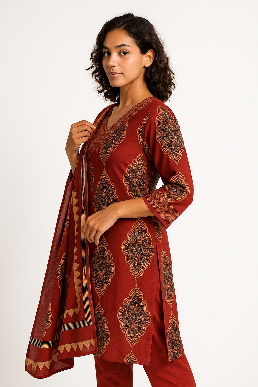 Crimson Royale Handloom Mustard  Red Cotton Suit Set