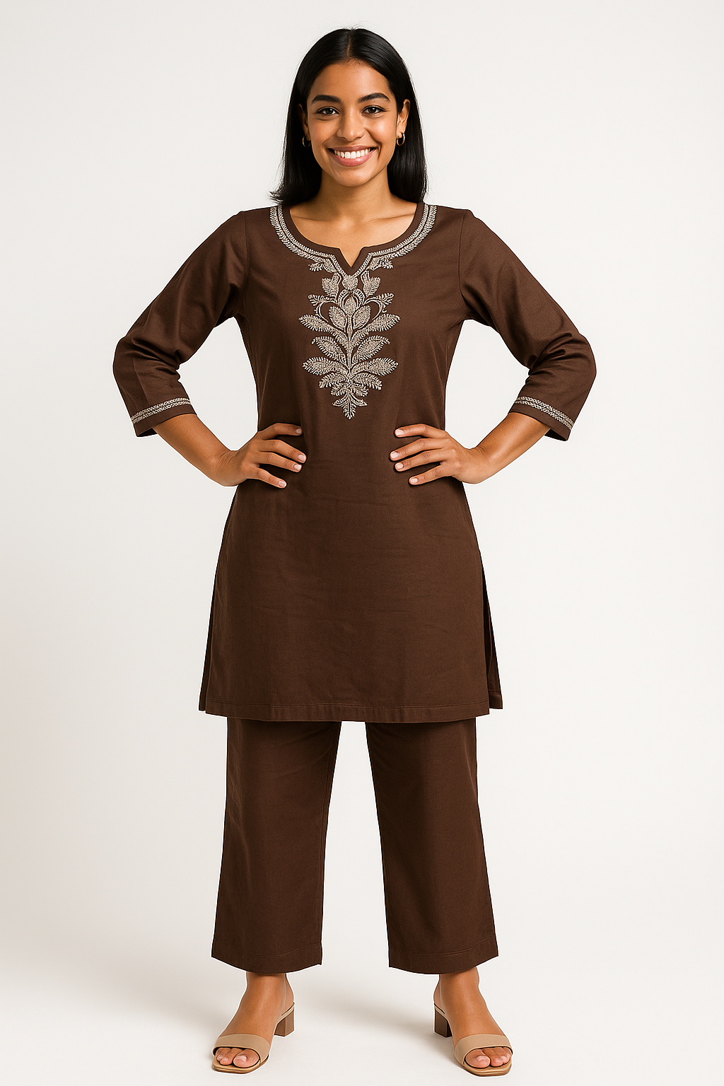 ☕ Mocha Grace Embroidered Cord Set