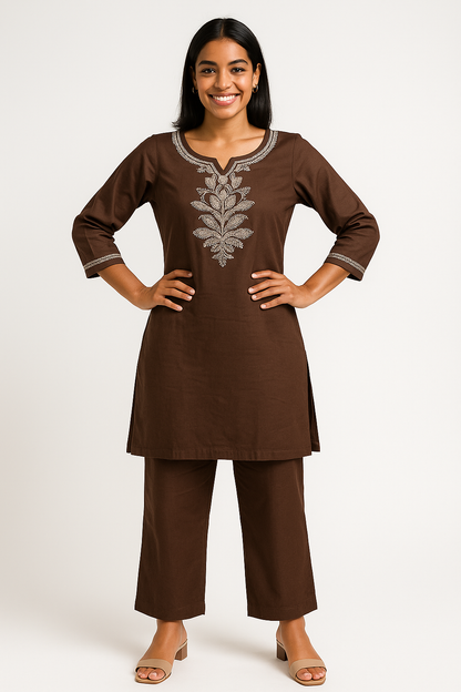 ☕ Mocha Grace Embroidered Cord Set