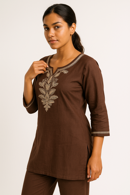 ☕ Mocha Grace Embroidered Cord Set
