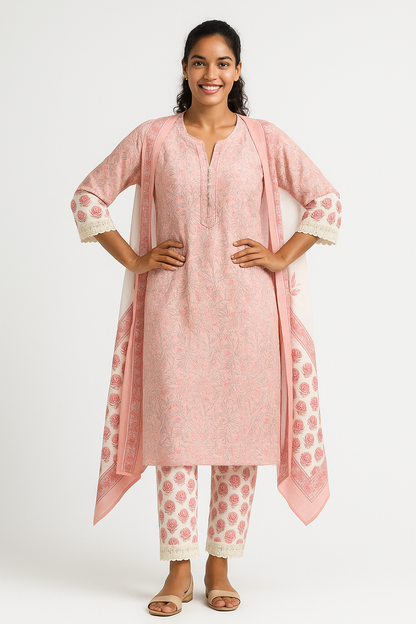 🌸 Blush Petal Handblock Cotton Kurta Set with Dupatta 🌸