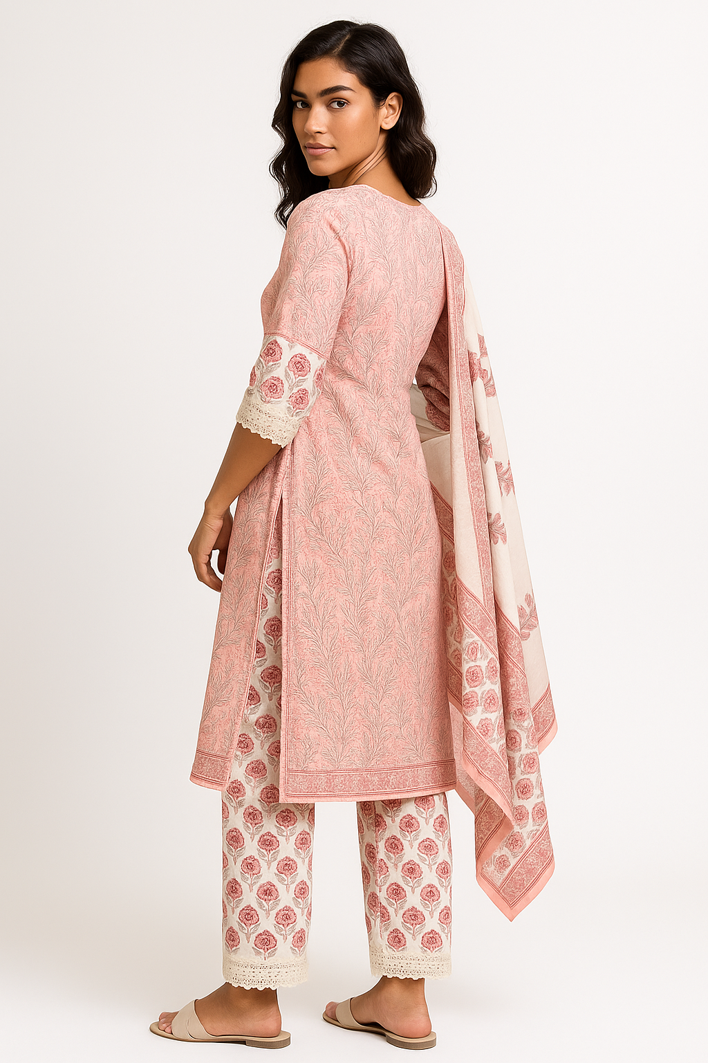 🌸 Blush Petal Handblock Cotton Kurta Set with Dupatta 🌸