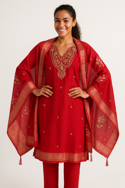 Crimson Red Elegance Crushed Fabric Kurta Set with Golden Zari Embroidery