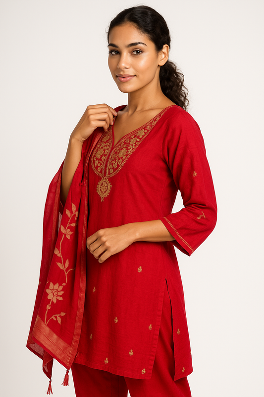 Crimson Red Elegance Crushed Fabric Kurta Set with Golden Zari Embroidery