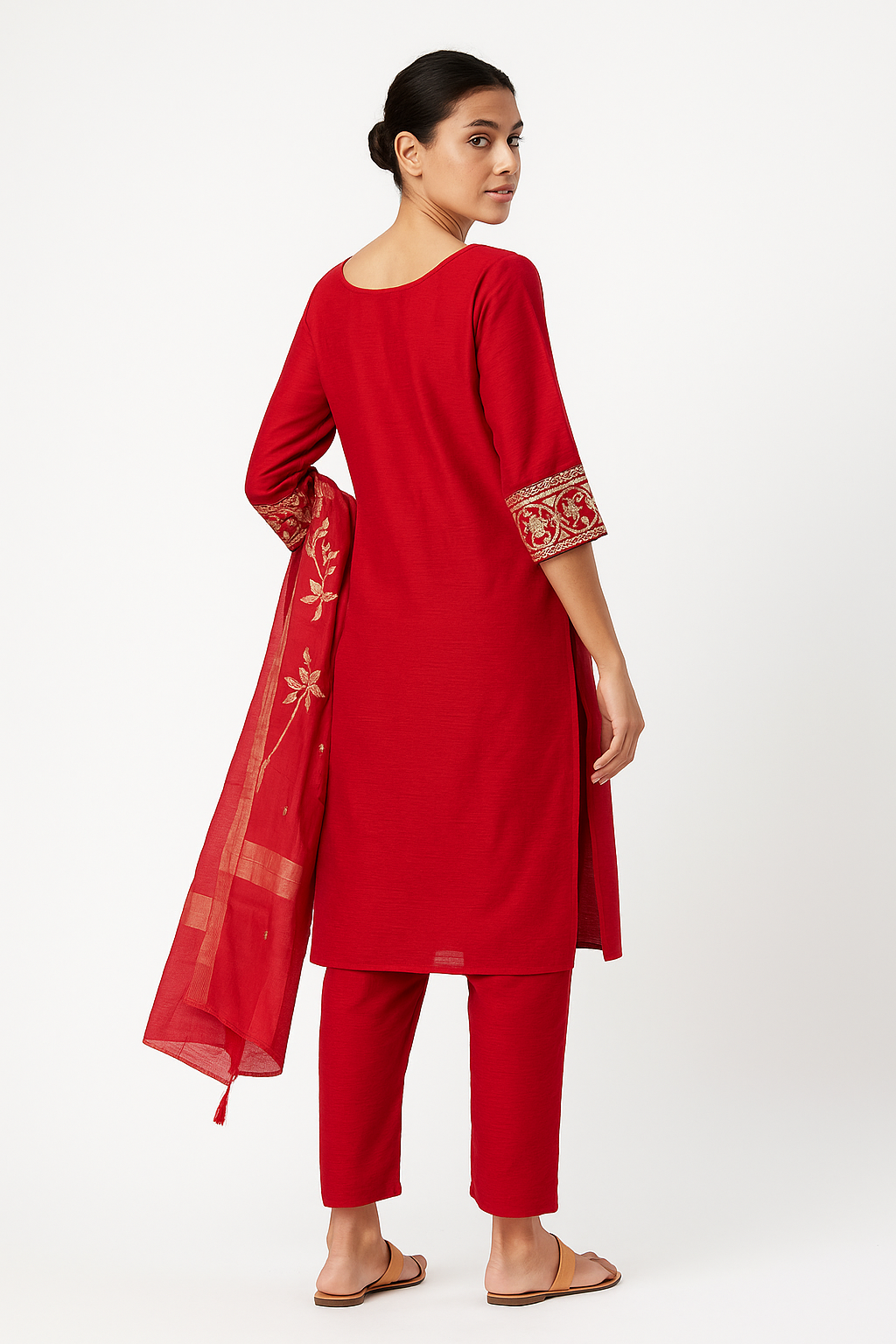 Crimson Red Elegance Crushed Fabric Kurta Set with Golden Zari Embroidery