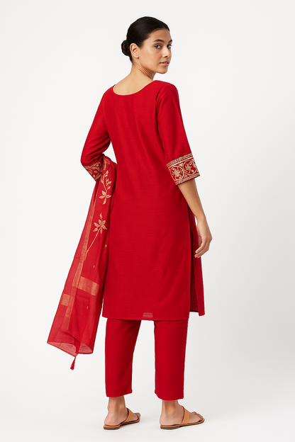 Crimson Red Elegance Crushed Fabric Kurta Set with Golden Zari Embroidery