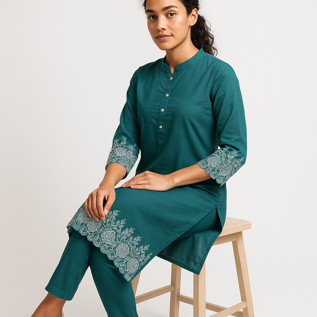 ✨ Aqua Elegance Embroidered Cotton Cord Set