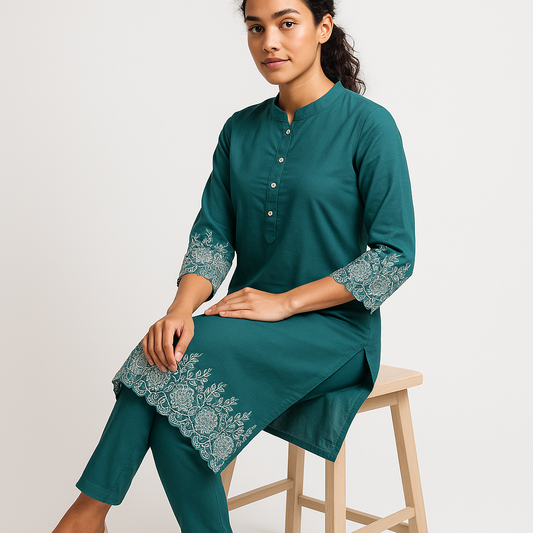 ✨ Aqua Elegance Embroidered Cotton Cord Set