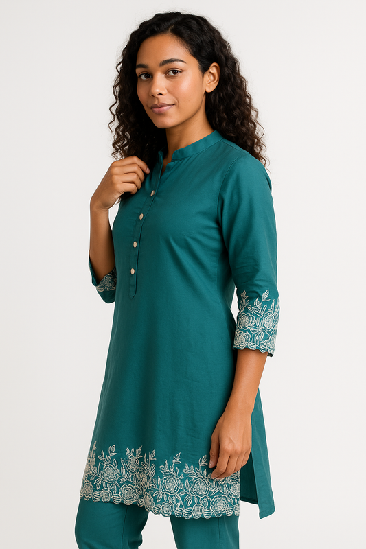 ✨ Aqua Elegance Embroidered Cotton Cord Set