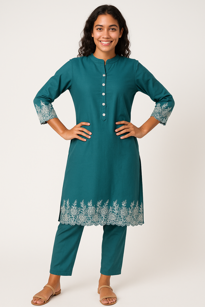 ✨ Aqua Elegance Embroidered Cotton Cord Set
