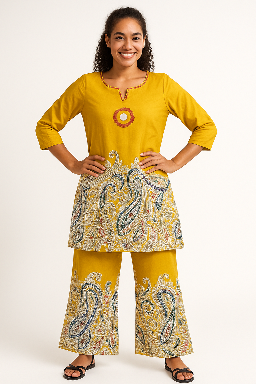 🌼 Sunshine Paisley Co-ord Set – Mustard Yellow Kurta & Palazzo Pants