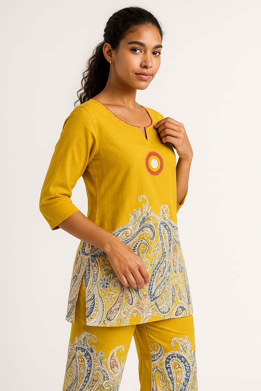 🌼 Sunshine Paisley Co-ord Set – Mustard Yellow Kurta & Palazzo Pants