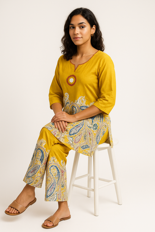 🌼 Sunshine Paisley Co-ord Set – Mustard Yellow Kurta & Palazzo Pants