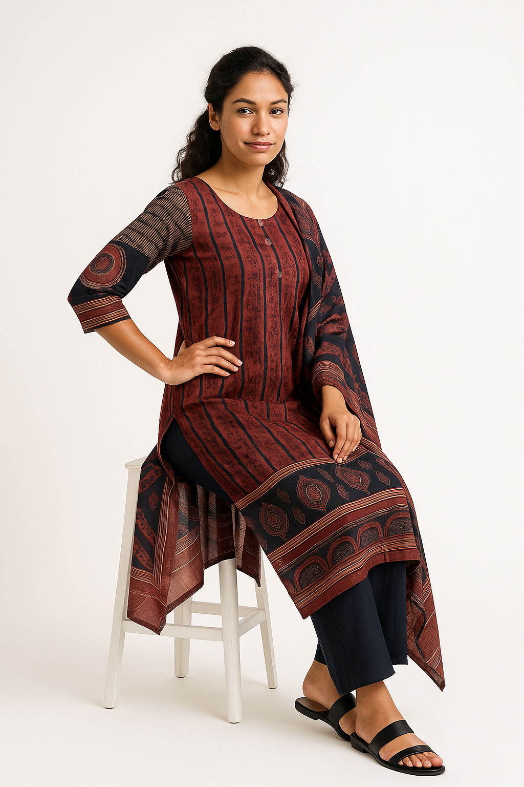 Rustic Heritage Ajrakh Brown Cotton Kurtha Set