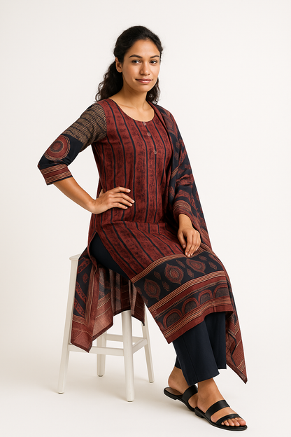 Rustic Heritage Ajrakh Brown Cotton Kurtha Set
