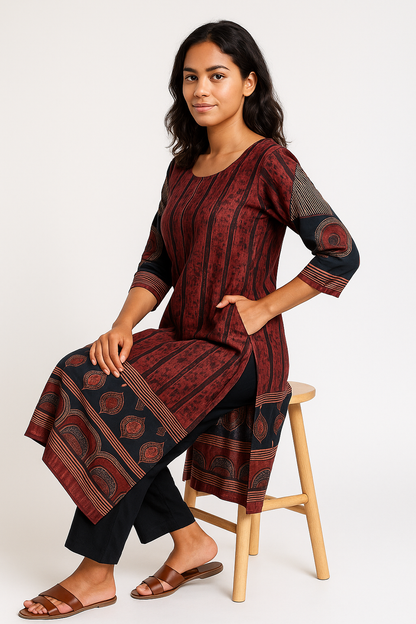 Rustic Heritage Ajrakh Brown Cotton Kurtha Set