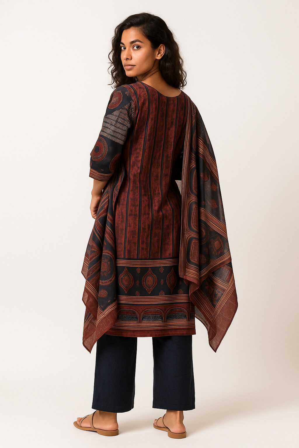 Rustic Heritage Ajrakh Brown Cotton Kurtha Set