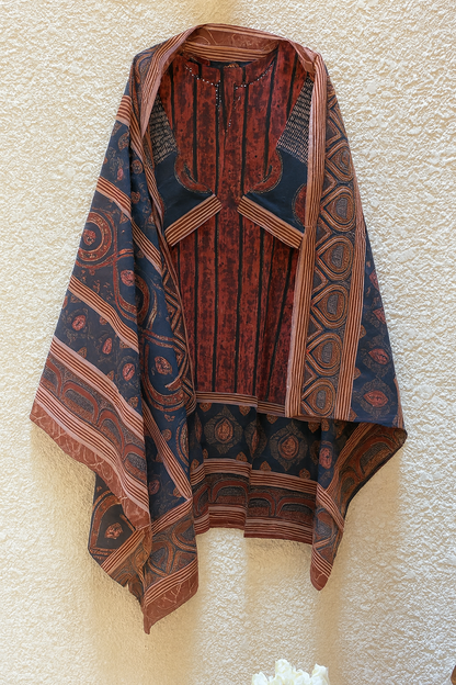 Rustic Heritage Ajrakh Brown Cotton Kurtha Set