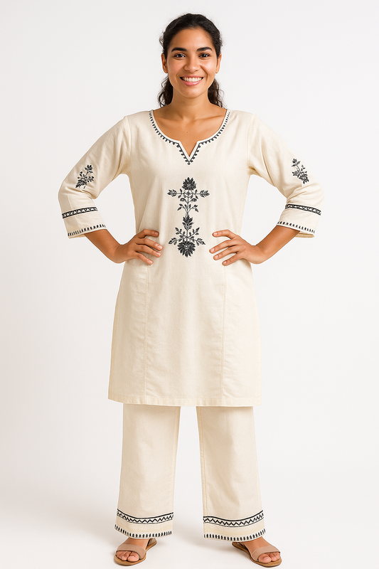Ivory Elegance Handcrafted  white Cotton Kurta Set