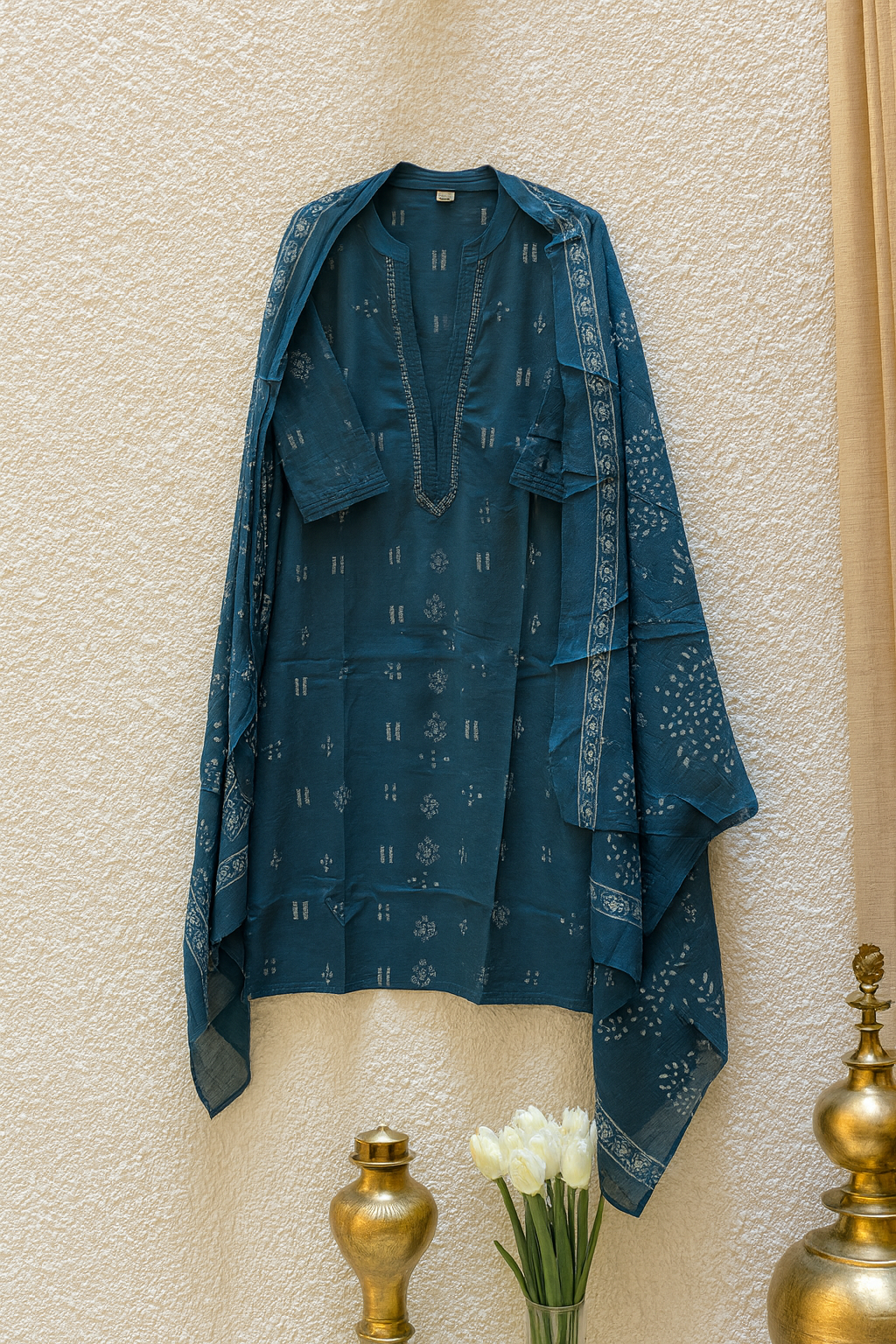 Teal Breeze  Blue Hand-Print Kurta Set