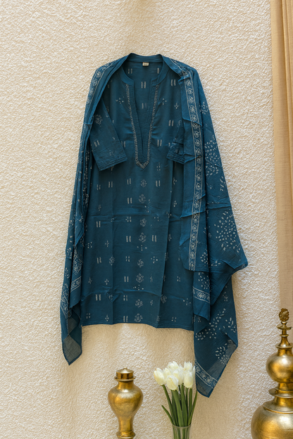 Teal Breeze  Blue Hand-Print Kurta Set