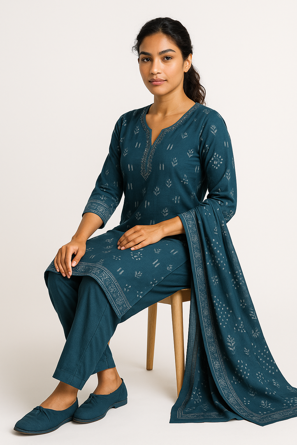 Teal Breeze  Blue Hand-Print Kurta Set