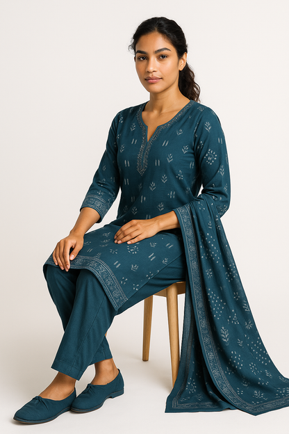 Teal Breeze  Blue Hand-Print Kurta Set
