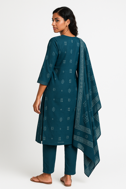 Teal Breeze  Blue Hand-Print Kurta Set