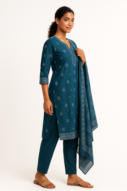 Teal Breeze  Blue Hand-Print Kurta Set