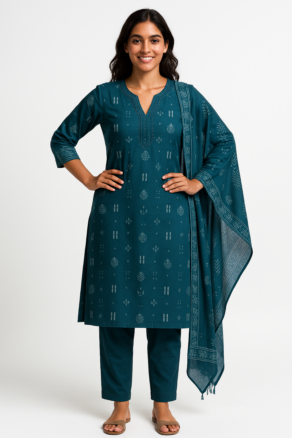 Teal Breeze  Blue Hand-Print Kurta Set