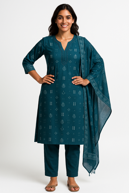 Teal Breeze  Blue Hand-Print Kurta Set