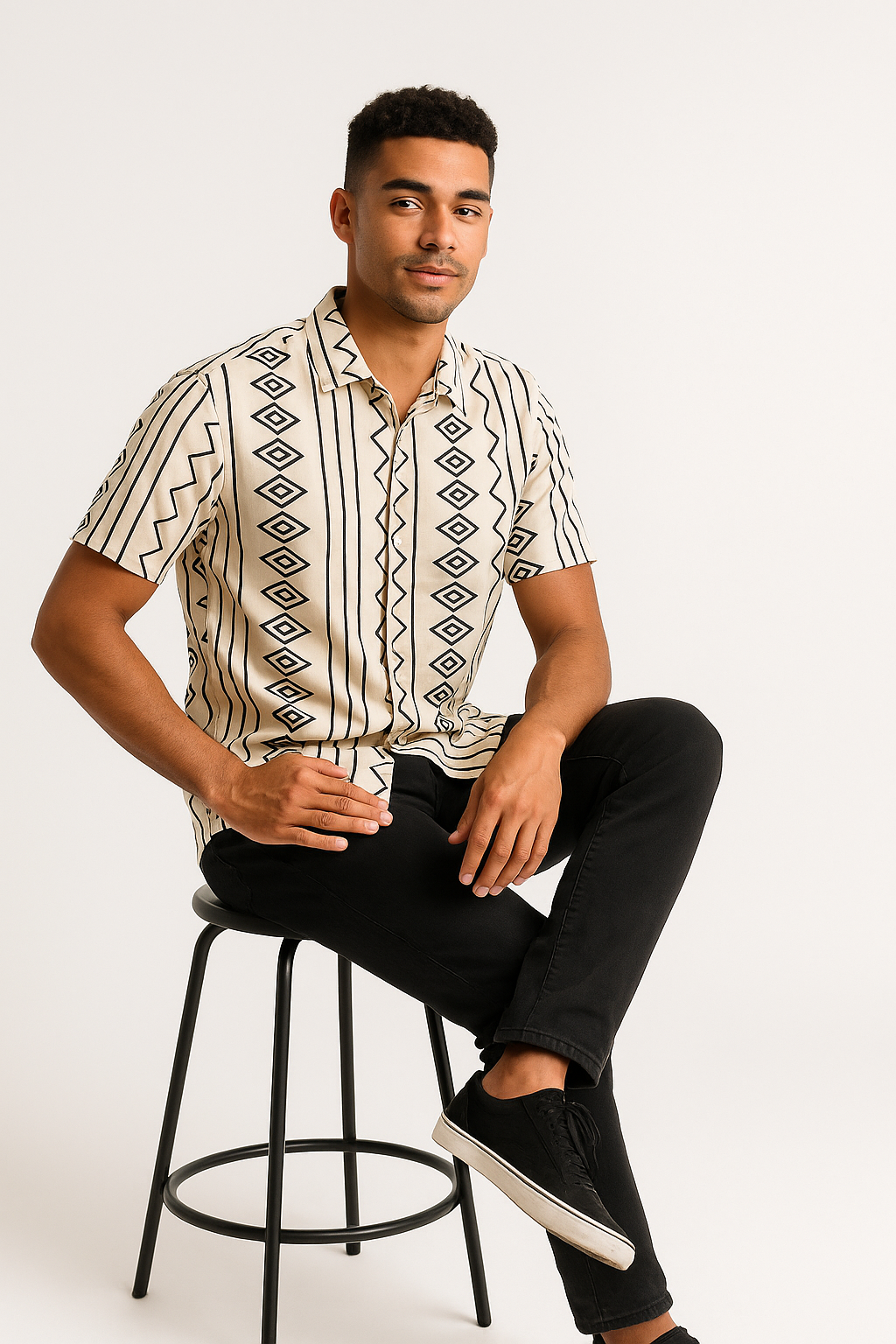 Tribal Essence Geometric Beige Cotton Shirt
