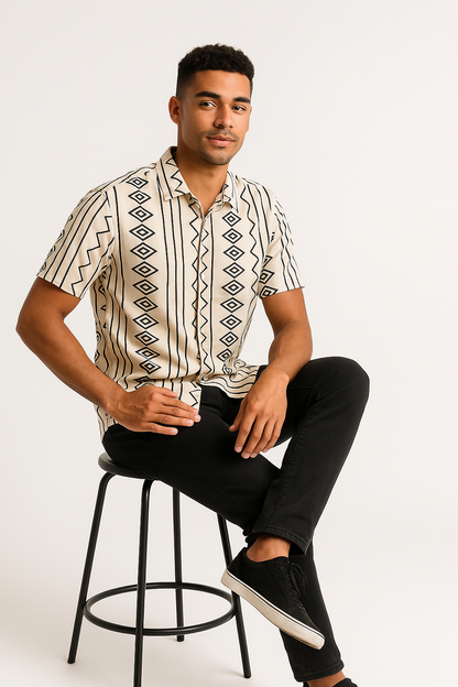Tribal Essence Geometric Beige Cotton Shirt
