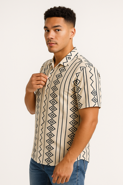 Tribal Essence Geometric Beige Cotton Shirt