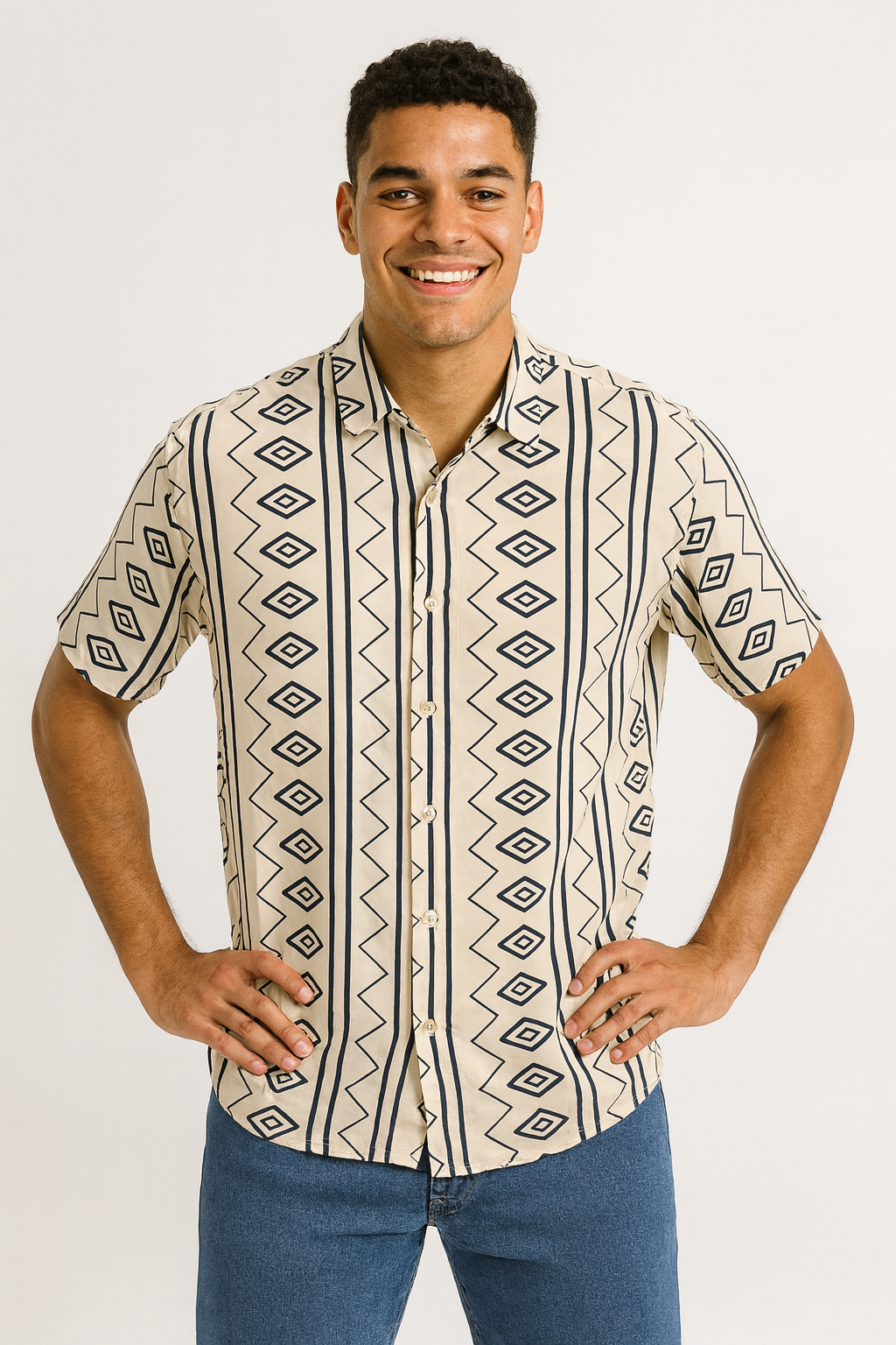 Tribal Essence Geometric Beige Cotton Shirt