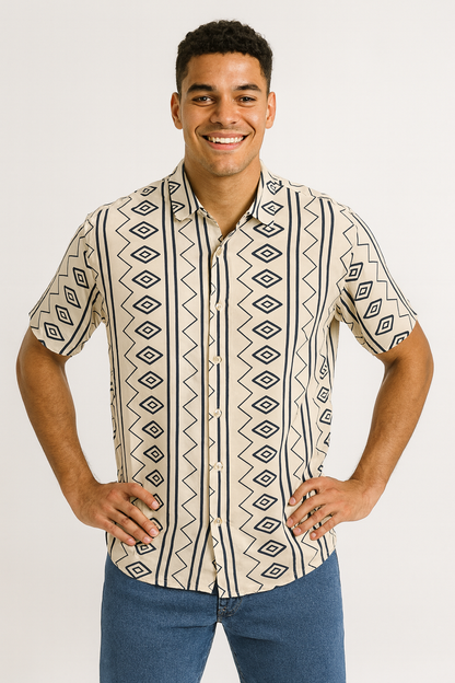 Tribal Essence Geometric Beige Cotton Shirt