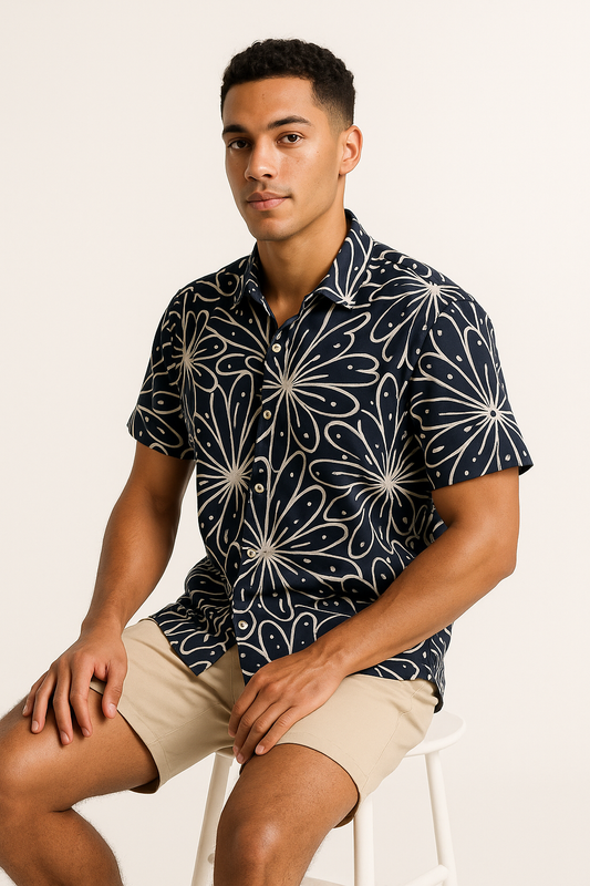 Midnight Bloom Navy Blue Resort Shirt