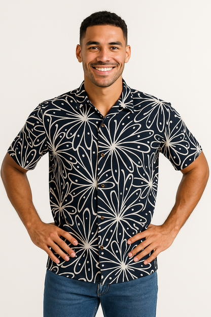 Midnight Bloom Navy Blue Resort Shirt