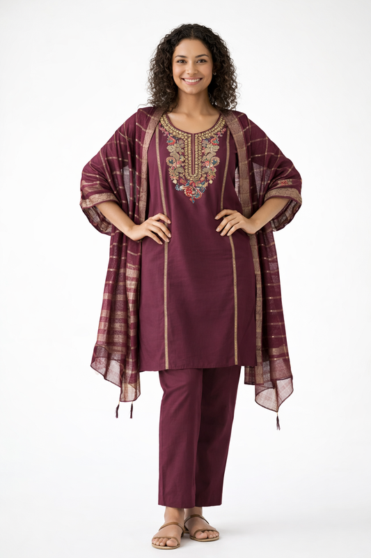 Gulnaar Maroon Silk Embroidered Kurtha Set with Dupatta