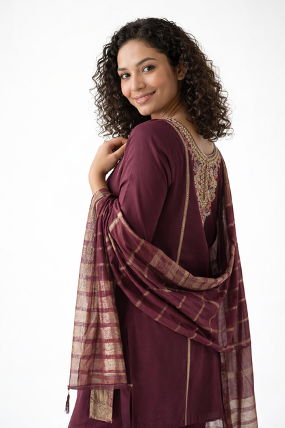 Gulnaar Maroon Silk Embroidered Kurtha Set with Dupatta