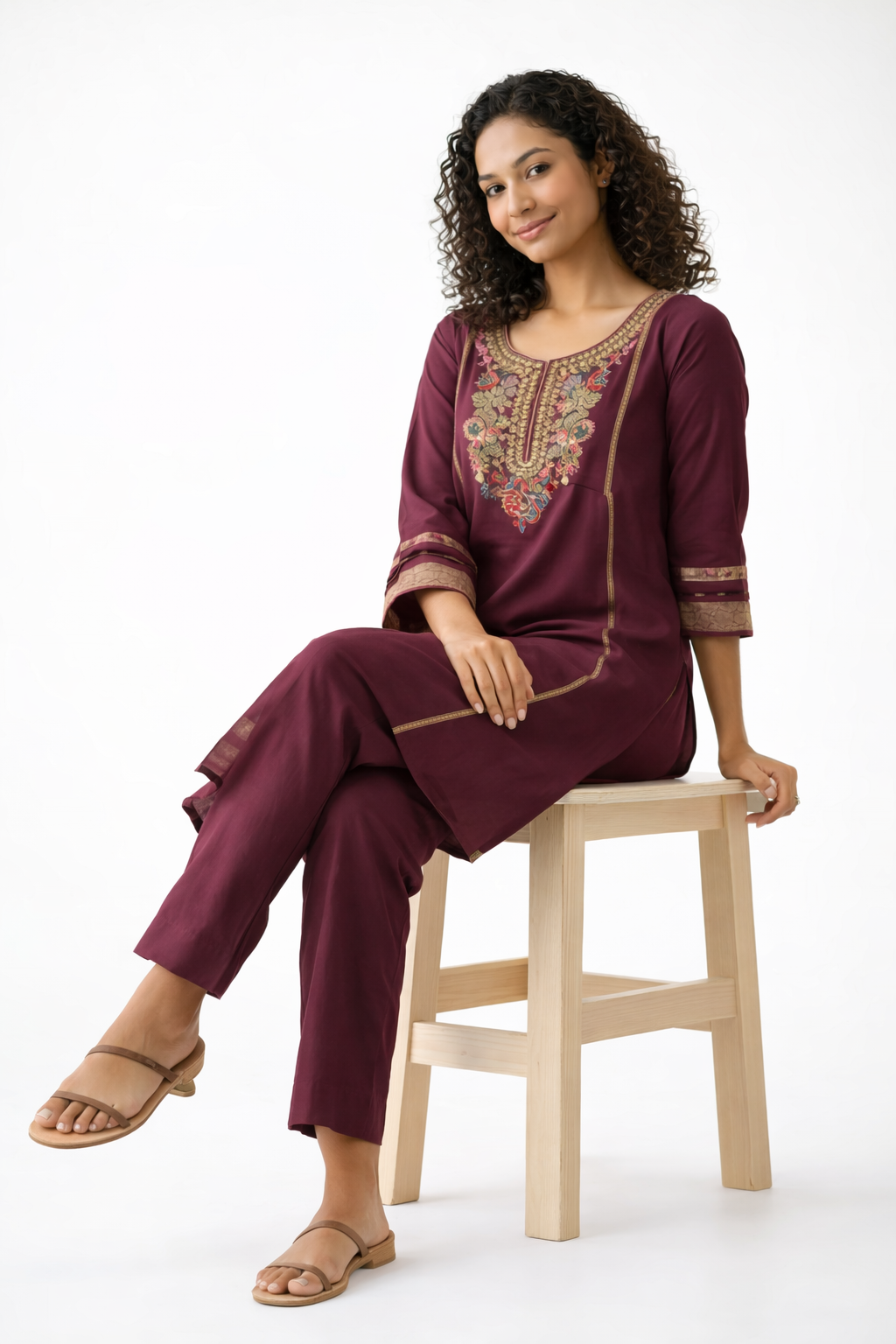 Gulnaar Maroon Silk Embroidered Kurtha Set with Dupatta